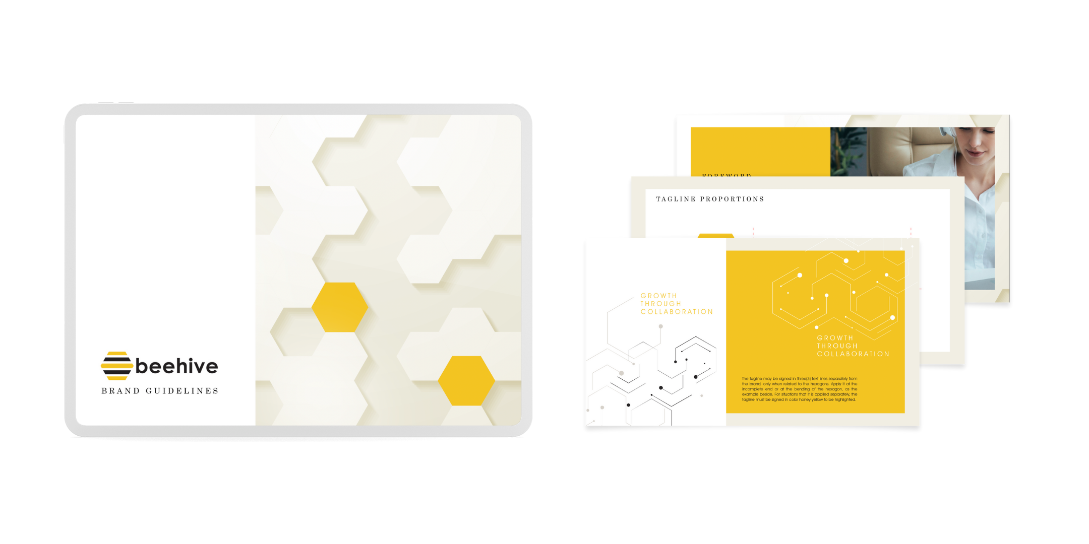 Beehive brand manual mockup showcasing visual guidelines, tagline usage, and brand identity design elements created to ensure brand consistency.