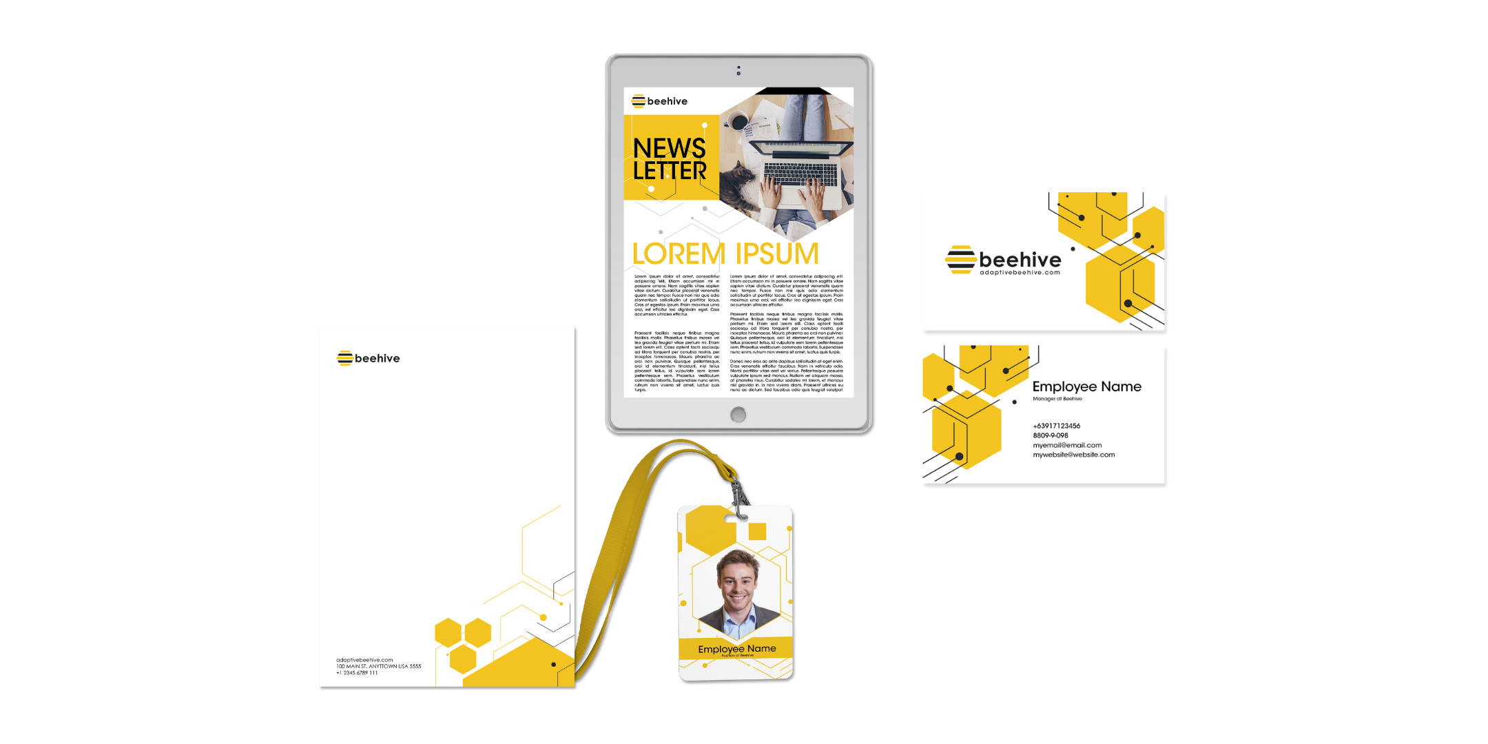Beehive brand marketing collateral including newsletter, business cards, ID badge, and letterhead, designed for cohesive brand communication and identity.