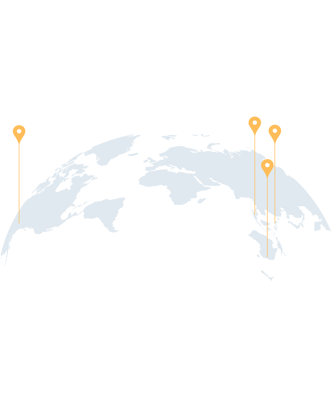 Minimalist world map illustration with yellow location pins, representing Create MNL’s digital marketing and content production clients across continents.