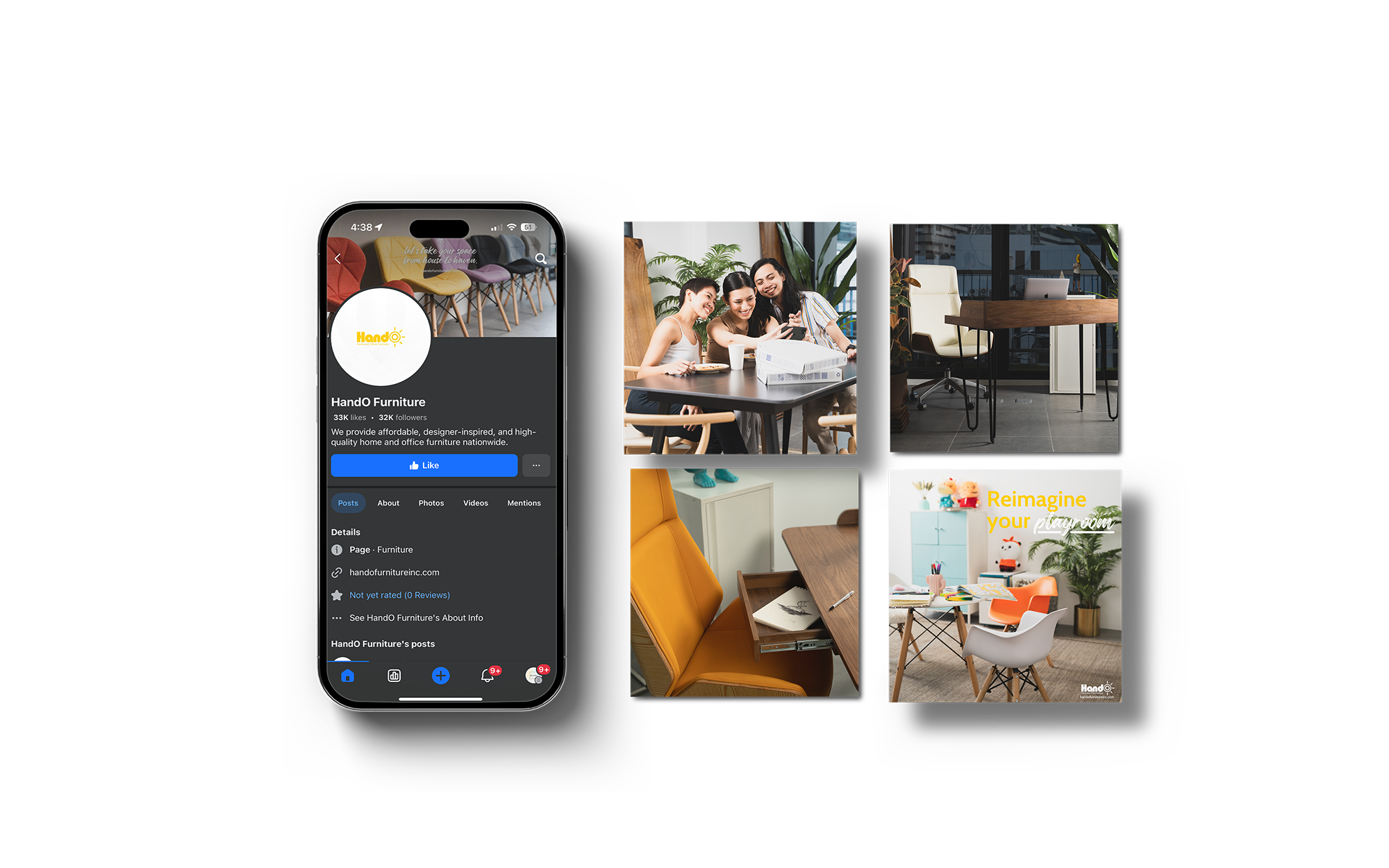 HandO Furniture Facebook page and social media content showcasing product highlights, lifestyle imagery, and furniture marketing for home and office spaces.