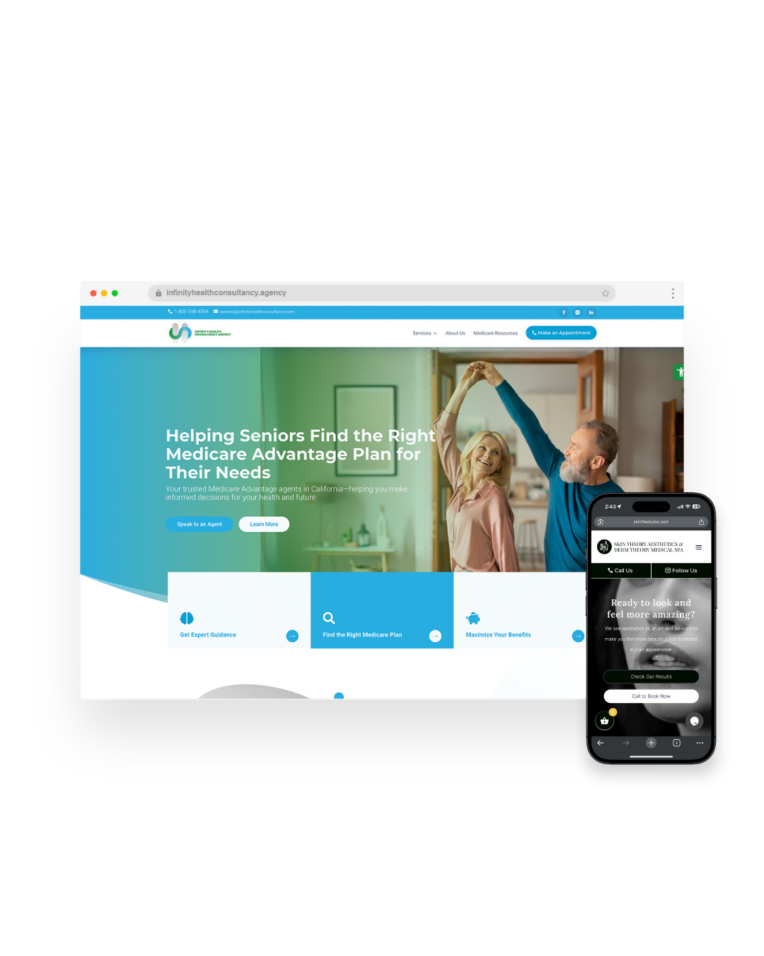 healthcare-and-medspa-web-design-by-create-mnl-Wordpress-project Website mockups of Infinity Health Consultancy and Skin Theory Aesthetics designed by Create MNL, showcasing responsive healthcare and medspa web design.