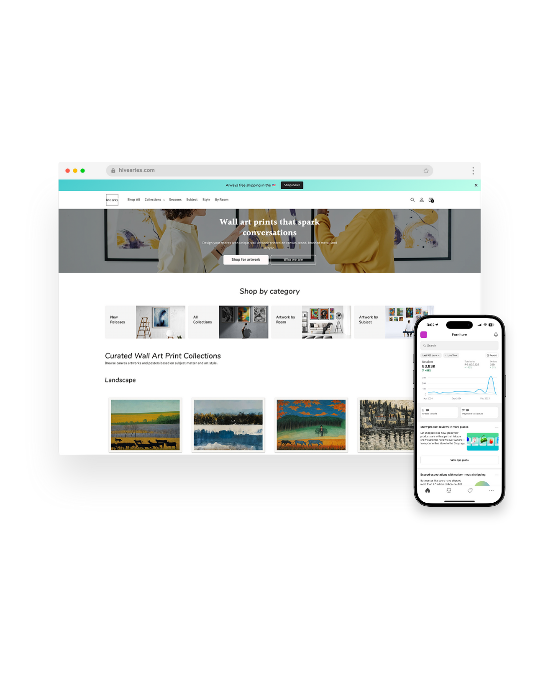 hive-artes-ecommerce-web-design-by-create-mnl Hive Artes e-commerce website and mobile analytics view, showcasing Create MNL’s work in digital marketing and web design for wall art print businesses.<br />
